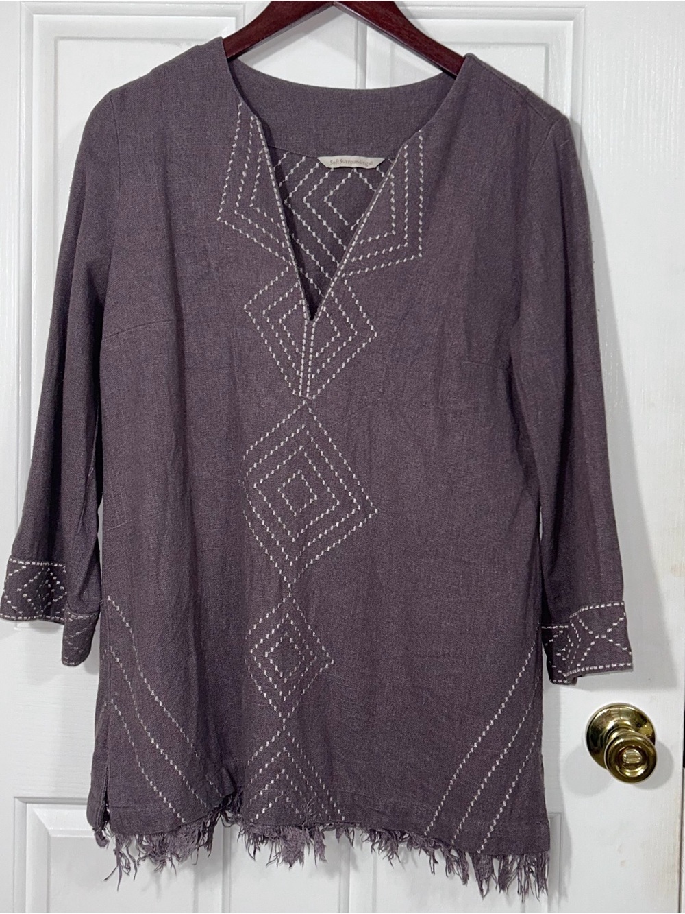 Soft Surroundings Linen Tunic Top Small Taupe Embroidered Fringe Bohemian